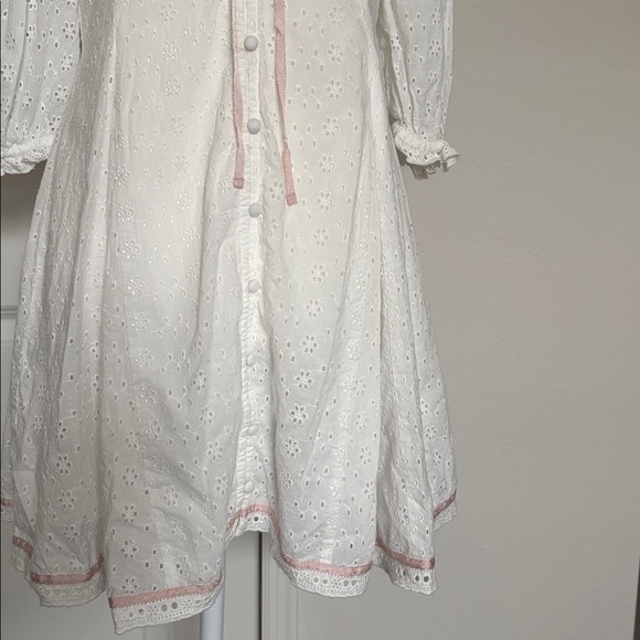 For Love & Lemons 🎀 Mi Amore White Eyelet Mini Dress Pink Trim bow embroidered - Picture 6 of 7